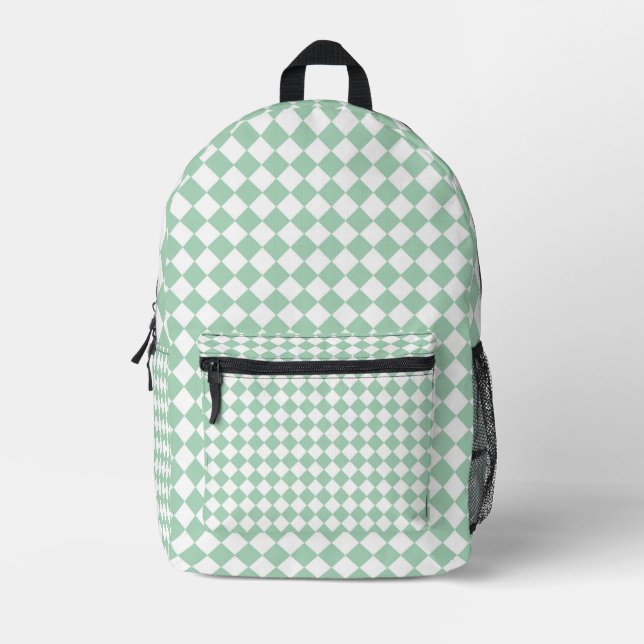 Green Checker Diamond Pattern Printed Backpack (Front)