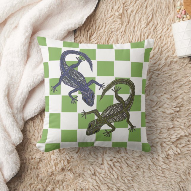 Green Checkerboard Geckos Throw Pillow (Blanket)