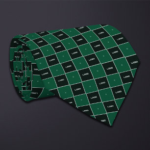 Green Checkerboard Logo Pattern Neck Tie