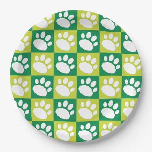Green Checkerboard Paw Print Paper Plates