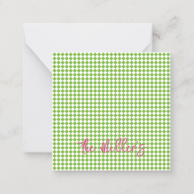 Green Checkerboard Pink NAME Chic Preppy Fun Note Card (Front)