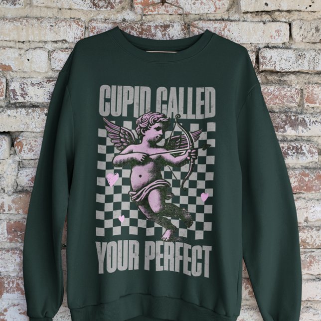 Green Checkerboard With Cute Pink Cupid Valentine Sweatshirt (Creator Uploaded)