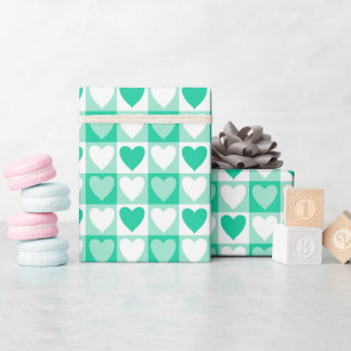 Green Checkered Heart Wrapping Paper