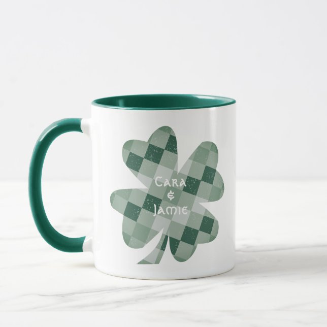 Green Checkered Lucky Clover with Couple Names Mug (Left)