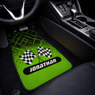 Green Checkered Racing Flags Sport Car Floor Mat