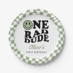 Green Checkered Smile One Rad Dude 1st Birthday Paper Plates