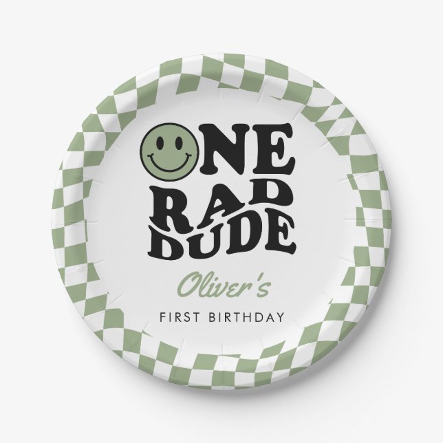 Green Checkered Smile One Rad Dude 1st Birthday Paper Plates (Front)