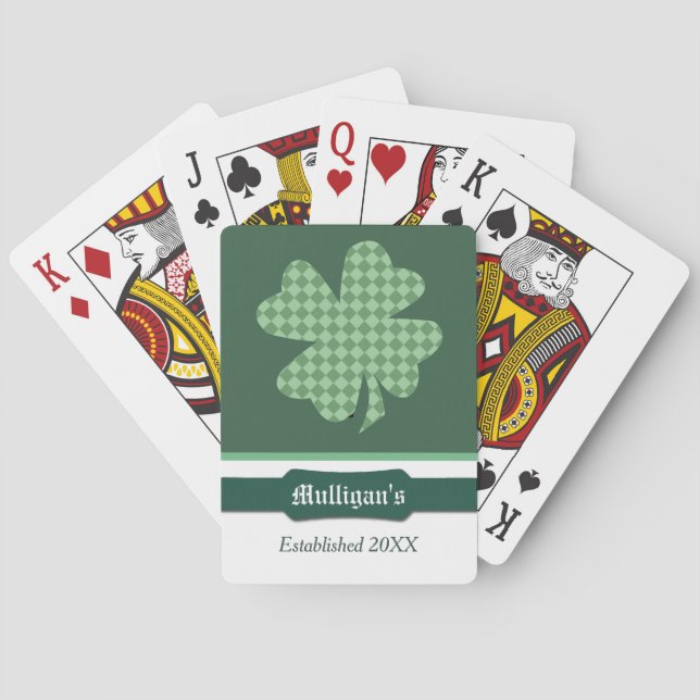 Green Checks Shamrock Personalized Playing Cards (Back)