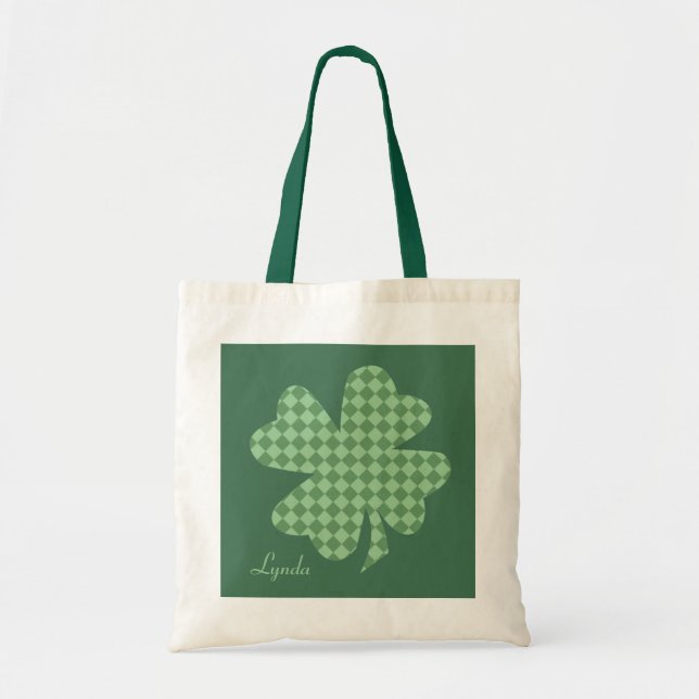 Green Checks Shamrock Personalized Tote Bag (Front)