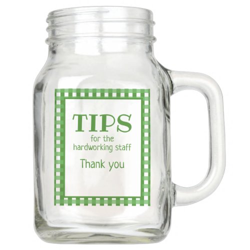 Green Checks Tips for Restaurant Band or Bartender Mason Jar