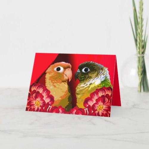 Green Cheek Conure Couple In Love Red 2 Bird Pair Holiday Card