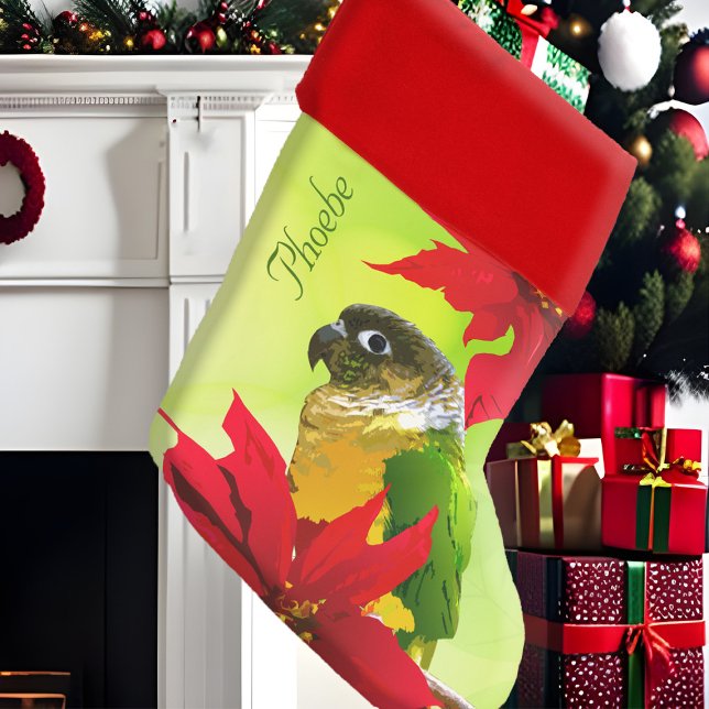 Green Cheek Conure Cute Pet Bird Parrot Poinsettia Christmas Stocking (Festive green cheek conure pet bird Christmas stocking in red & green with Poinsettia flowers)
