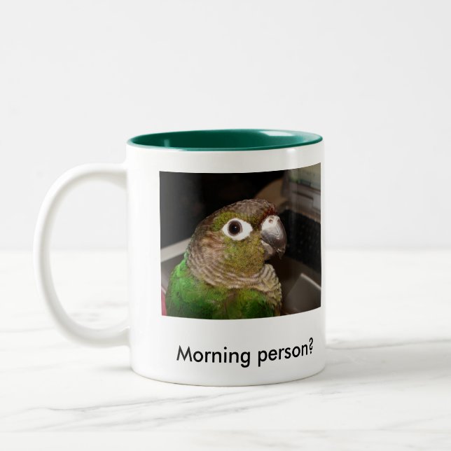 Green Cheek Conure Morning Person Two-Tone Coffee Mug (Left)