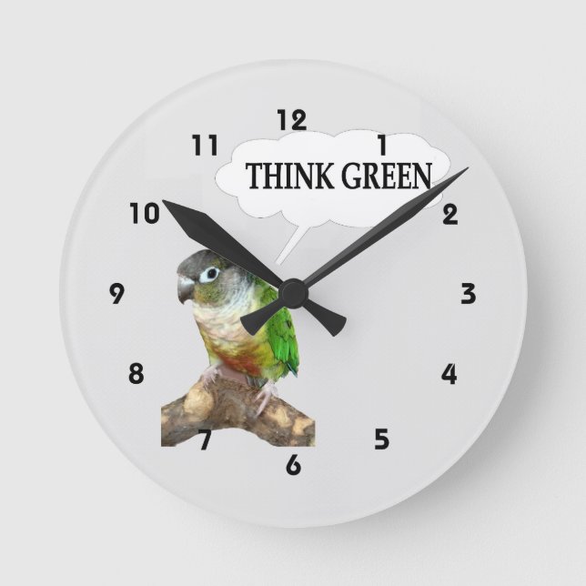 Green Cheek Conure Think Green Round Clock (Front)