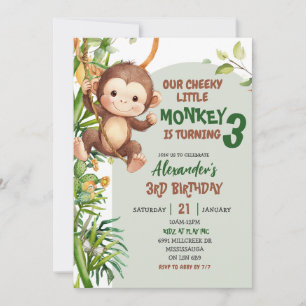 Green Cheeky Little Monkey Savannah Theme Birthday Invitation