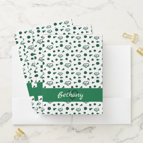 Green Cheer Hearts Pom Poms Megaphone Pattern Pocket Folder