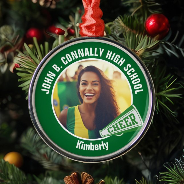 Green Cheerleader Photo High School Christmas Metal Ornament (Creator Uploaded)