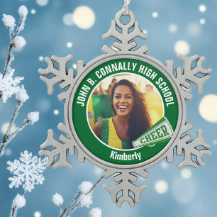 Green Cheerleader Photo High School Snowflake Pewter Christmas Ornament