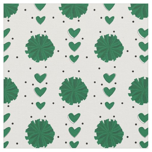 Green Cheerleader Pom Poms & Hearts Pattern Fabric
