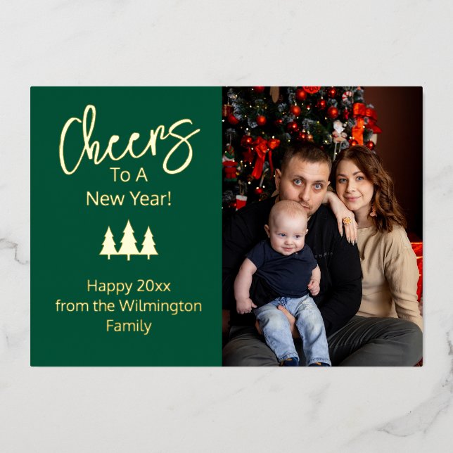 Green Cheers to a New Year Family Photo  Foil Holiday Card (Front)