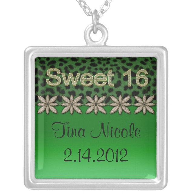 Green Cheetah & Glitter Flowers Silver Plated Necklace (Front)