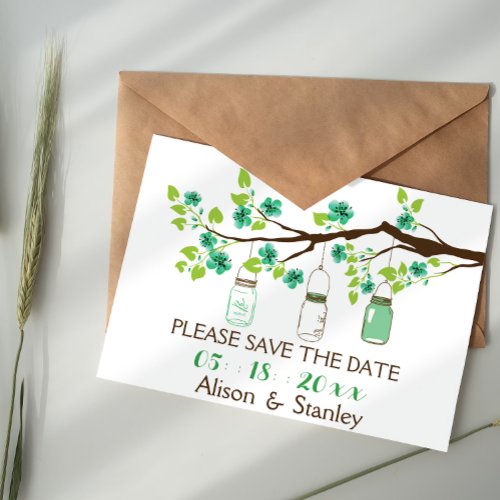 Green cherry blossoms mason jars Save the Date Announcement Postcard