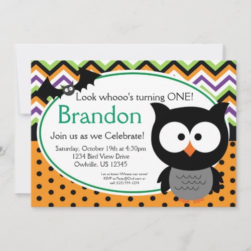 Green Chevron and Polka Dots Owl Halloween Invite
