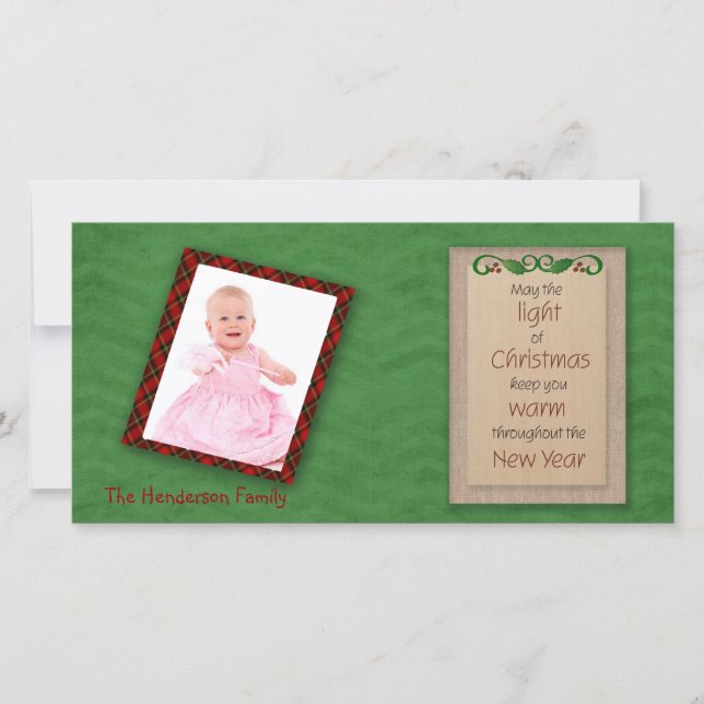 Green Chevron and Red Plaid Christmas Photo Card (Front)