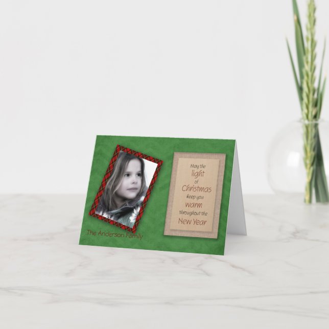 Green Chevron and Red Plaid Christmas Photo Card (Front)