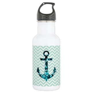 Green Chevron and Sparkly Stars Anchor Stainless Steel Water Bottle