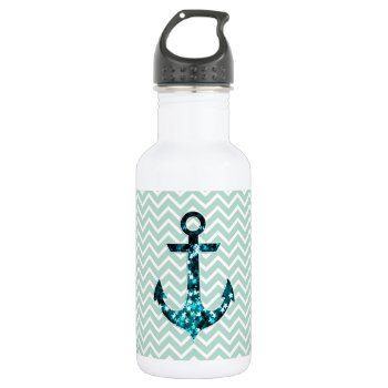 Green Chevron And Sparkly Stars Anchor Stainless Steel Water Bottle by RosaAzulStudio at Zazzle