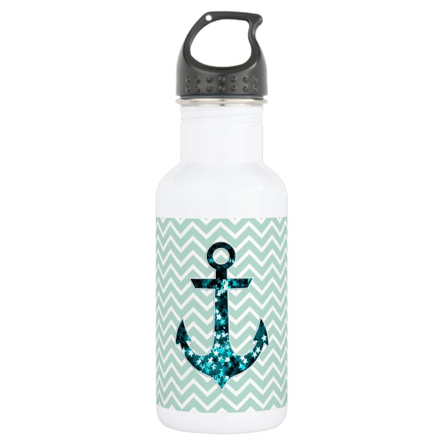 Green Chevron and Sparkly Stars Anchor Stainless Steel Water Bottle (Front)
