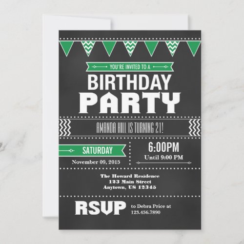 Green Chevron Chalkboard Birthday Invitation