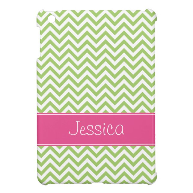 Green Chevron Chic Pink Personalized iPad Mini Case (Back)
