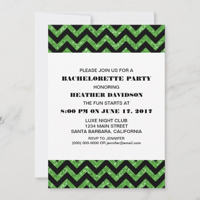 Green Chevron Glitter Bachelorette Party Invitation (Front)