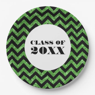 Green Chevron Glitter Graduation Paper Plates