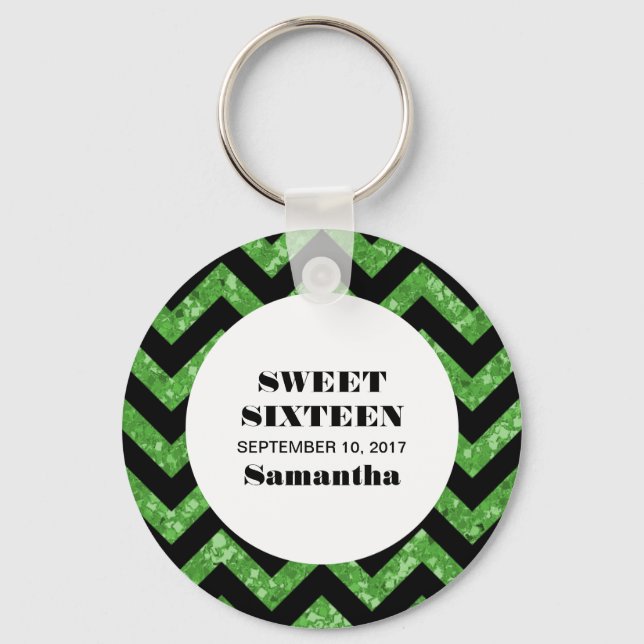 Green Chevron Glitter Sweet 16 Keychain (Front)