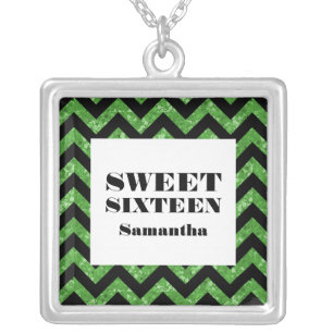 Green Chevron Glitter Sweet 16 Necklace