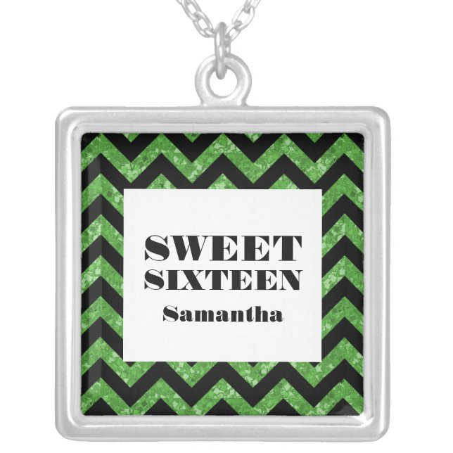 Green Chevron Glitter Sweet 16 Necklace (Front)