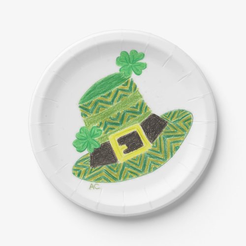 Green chevron leprechauns hat white paper plate