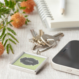 Green Chevron Personalized Button Keychain