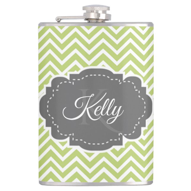 Green Chevron Personalized Flask (Front)