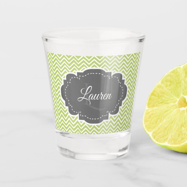 Green Chevron Personalized Shot glass (Front)