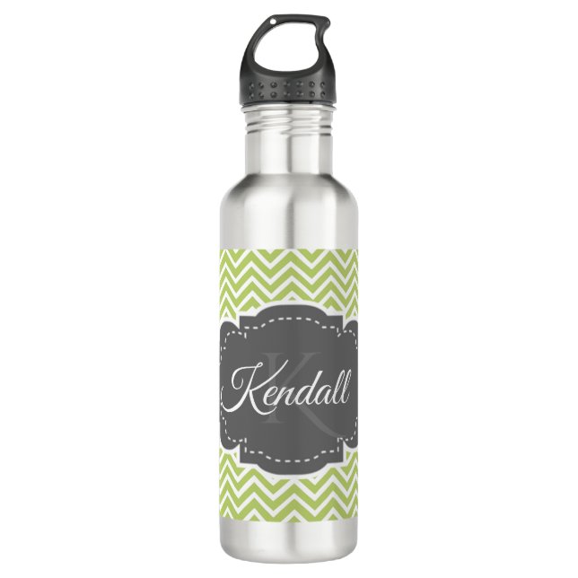 Green Chevron Personalized Water Bottle (Front)