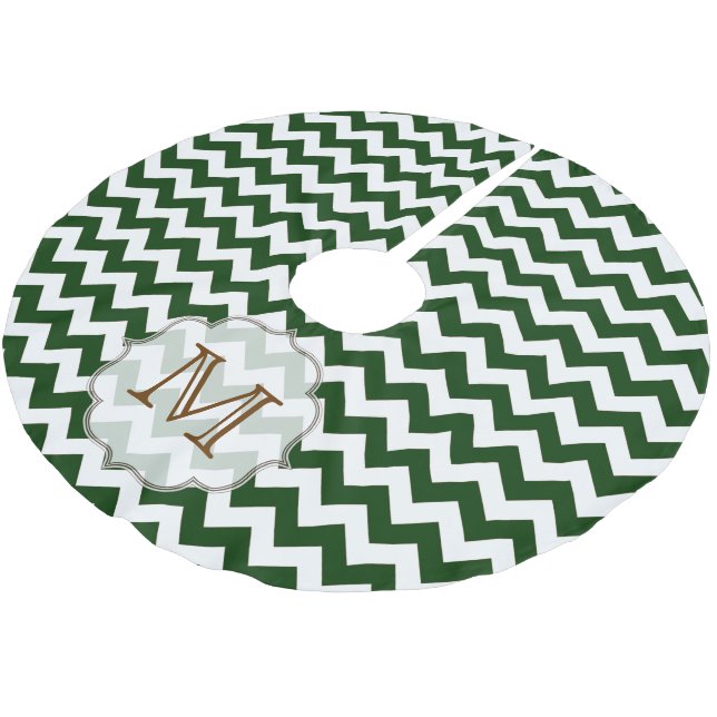 Green Chevron Stripe Monogram Initial Tree Skirt (Angled)