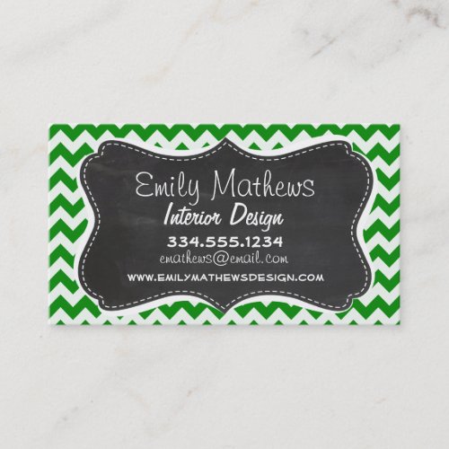 Green Chevron Stripes; Vintage Chalkboard Business Cards