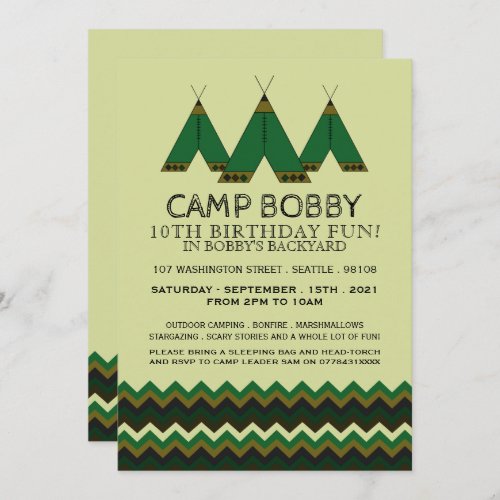 Green Chevron Tipi Camping Birthday Invitation