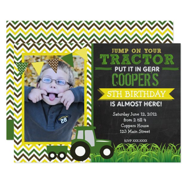 Green Chevron Tractor Birthday Party Invitation
