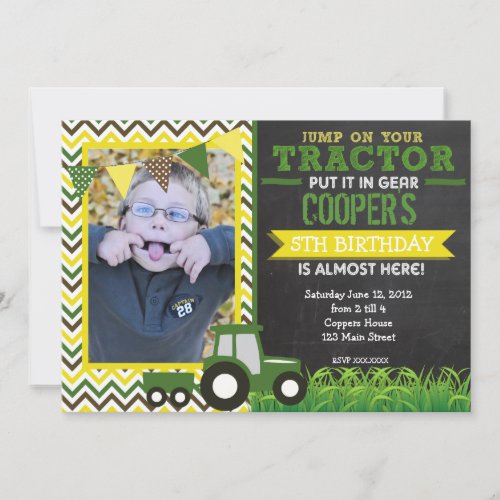 Green Chevron Tractor Birthday Party Invitation 5" X 7" Invitation Card