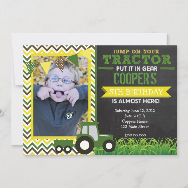 Green Chevron Tractor Birthday Party Invitation (Front)